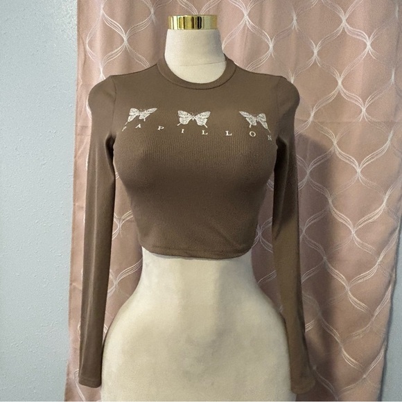Brown Long Sleeve Crop Top, size S - Picture 1 of 2